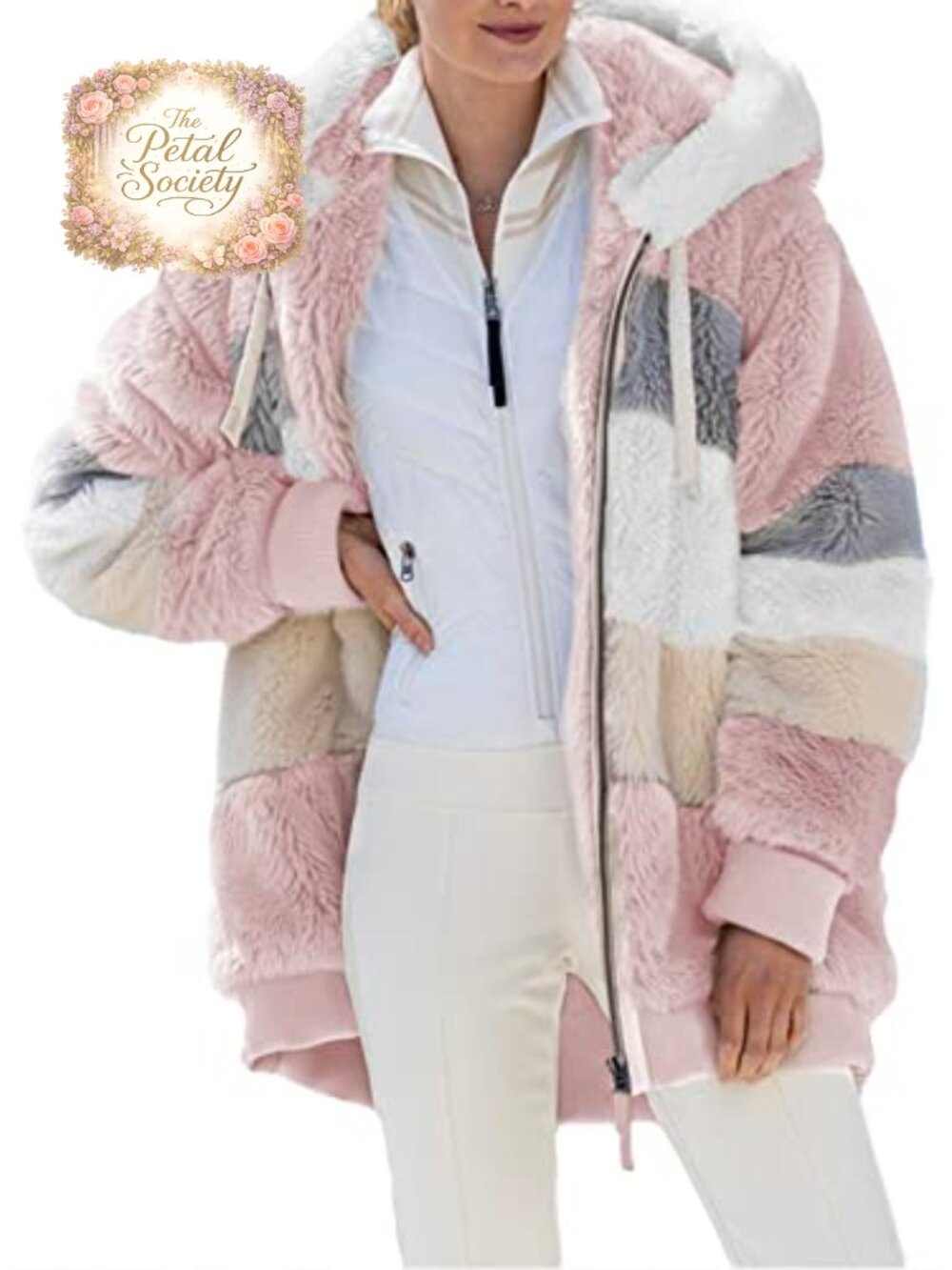 Fuzzy Fleece Hooded Zip Cardigan Coat Color Block Patchwork Pockets